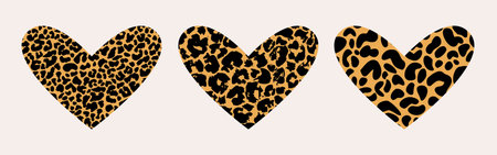 Abstract modern heart shapes silhouette with skin print set. Hand drawn leo fur hearts collection on...