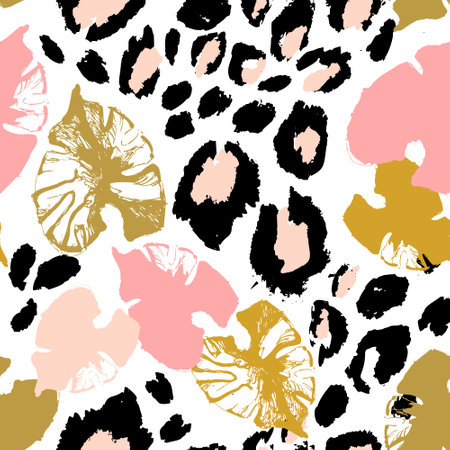 Abstract tropical floral seamless pattern with grunge monstera leaves, animal skin print. Creative background. Hand drawn vector art illustration for surface design, fabric, gift wrapping, wallpaperのイラスト素材