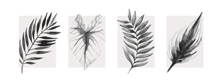 Abstract tropical summer poster set in modern mid century style. Minimal illustration with hand drawn watercolor textured leaves for minimalist print, cover, boho home decor, wallpaper design Vector artのイラスト素材