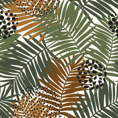 Tropical leaves and doodles seamless pattern. Abstract palm leaf silhouette, minimal shapes background. Creative tropics illustration for swimwear, wallpaper, textile design. Botanical vector artのイラスト素材
