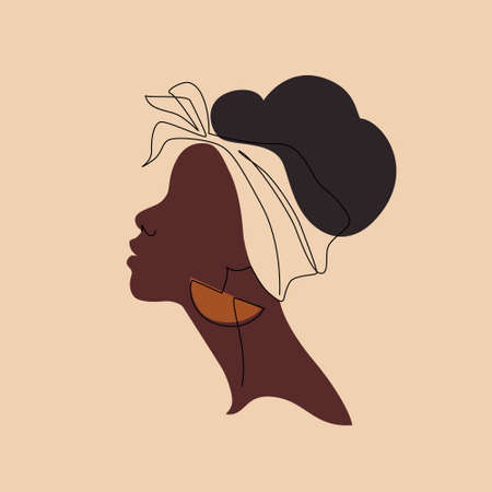 Abstract black woman profile in modern flat line style. Natural beauty silhouette. Black afro woman portrait isolated. Vector abstract person Illustration for avatars, fashion designのイラスト素材