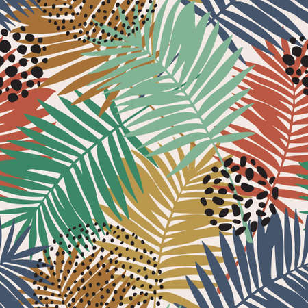 Tropical leaves and doodles seamless pattern. Abstract palm leaf silhouette, minimal shapes background. Creative tropics illustration for swimwear, wallpaper, textile design. Botanical vector artのイラスト素材