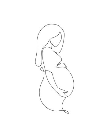 Pregnancy and motherhood modern concept art. Abstract beautiful pregnant woman continuous line drawing. Young mom holding her pregnant belly. Hand drawn illustration for Happy Woman's or Mother`s Day.のイラスト素材
