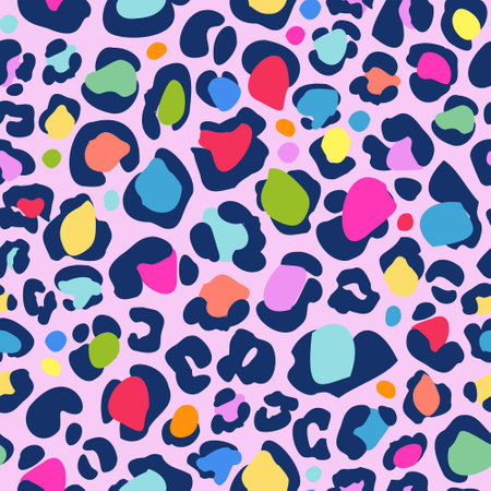 Animal skin print in rainbow colors. Colorful leopard spot seamless pattern design. Abstract blob, rosettes texture Summer ice cream colored vector illustration for surface wrapping, fabric designのイラスト素材