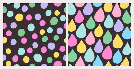 Cute baby shower seamless pattern set. Abstract hand drawn rain drops, dots, blobs, spots, blots, circle background collection. Nursery vector art for childish fabric, kids textile, wallpaperのイラスト素材