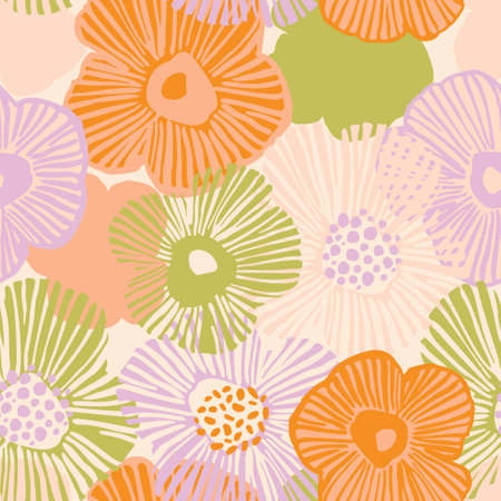 Abstract floral seamless pattern. Hand drawn flowers background in bright colors. Big blooming daisy flowers. Decorative art illustration for wrapping, textile, fabric, wallpaper etcのイラスト素材