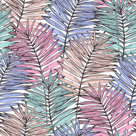 Hand drawn tropical leaves background in pastel colors. Colorful palm leaf seamless pattern. Summer gradient colored vector illustration for surface wrapping, fabric design, swimwearのイラスト素材