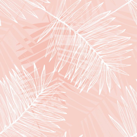 Abstract tropical foliage background in pink rose blush colors. Palm leaves line art seamless pattern. Creative tropics illustration for swimwear design, wallpaper, textile. Vector artのイラスト素材