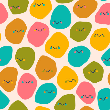 Bold childish seamless pattern with smile emoji. Cute colorful characters background in cartoon style. Flat design. Funny geometric shapes with smiling faces illustration. Retro vintage color paletteのイラスト素材
