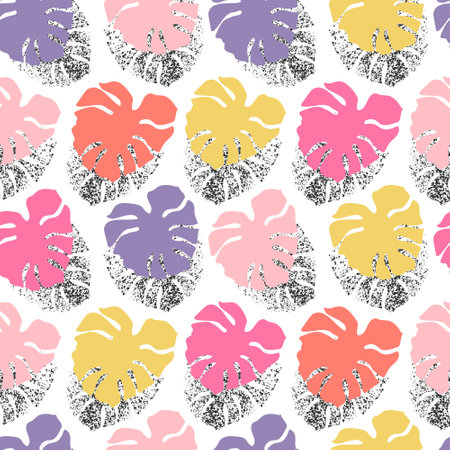 Tropical seamless pattern with grunge monstera leaves silhouette. Jungle foliage vector art. Monstera halftone art. Exotic background for summer design, swimwear, t-shirt, fabric, wallpaperのイラスト素材