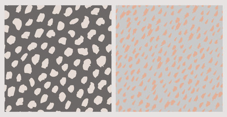 Hand drawn brush strokes seamless pattern set. Abstract hand painted dots, spots, dashes, lines background. Minimal art for wallpaper design, monochrome fabric, textile print. Vector confetti textureのイラスト素材