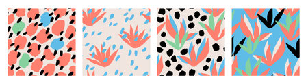Hand drawn brush strokes, floral cut outs seamless pattern set. Abstract hand painted dots, dashes, lines texture, flower shapes background collection. Minimal vector design, fabric, textile printのイラスト素材