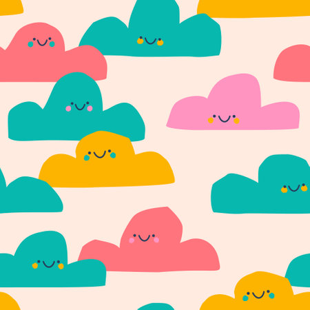 Cute baby shower seamless pattern. Abstract cloud characters with smiles, happy doodle faces background in blue colors. Nursery vector art illustration for childish fabric, kids textile, wallpaperのイラスト素材