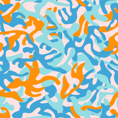 Abstract curves, wavy shapes seamless pattern in marine colors. Bold modern chaotic liquid forms background. Trendy print in modern style. Vector illustration for surface design, wallpaper, textile.のイラスト素材