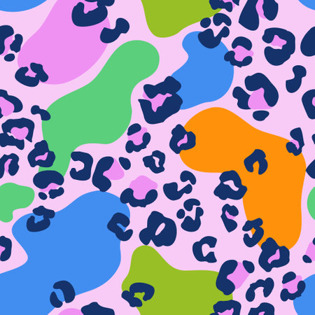 Animal print skin, blots seamless pattern. Leopard spots, colorful blobs in cartoon style. Creative rounded stains rosettes background. Trendy vector illustration for surface wrapping, fabric designのイラスト素材
