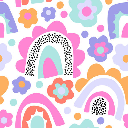 Funky bold rainbow print in bright colors. Abstract daisy flower, minimal doodle rainbows seamless pattern. Decorative kids background. Vector art illustration for wrapping, textile, fabric, wallpaperのイラスト素材