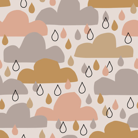 Cute baby shower seamless pattern in retro scandinavian style. Abstract clouds and doodle rain drops background in neutral beige colors. Nursery vector art for childish fabric, kids textile, wallpaperのイラスト素材