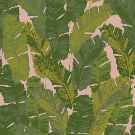 Green grunge tropical banana leaf background. Hand drawn exotic seamless pattern. Natural leaves wallpaper. Vector botanical illustration for summer design, swimwear fabric, textileのイラスト素材