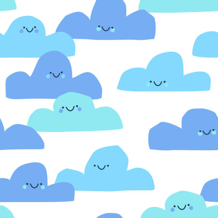 Cute baby shower seamless pattern. Abstract cloud characters with smiles, happy doodle faces background in blue colors. Nursery vector art illustration for childish fabric, kids textile, wallpaperのイラスト素材