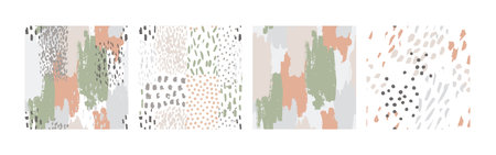 Hand drawn brush strokes seamless pattern set. Abstract hand painted dots, spots, dashes, lines background. Minimal art for wallpaper design, monochrome fabric, textile print. Vector confetti textureのイラスト素材