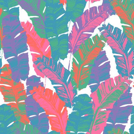 Bright grunge tropical banana leaf background. Hand drawn exotic seamless pattern. Colorful leaves wallpaper. Vector botanical illustration for summer design, swimwear fabric, textileのイラスト素材