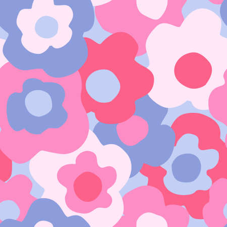 Abstract floral seamless pattern. Hand drawn flowers background in retro colors. Big blooming daisy flowers design. Decorative art illustration for wrapping, textile, fabric, wallpaper etcのイラスト素材