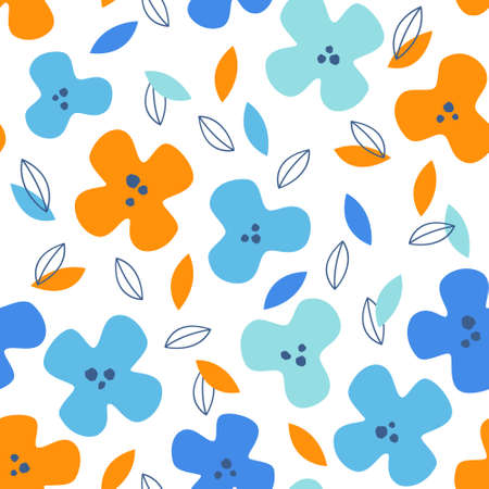 Cute flowers abstract seamless pattern. Childish floral background. Funny flowers and colorful leaves repeat. Vector illustration for fun textile, fabric, wallpaper, repeating designのイラスト素材