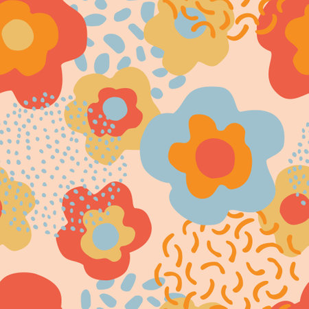 Abstract floral seamless pattern. Hand drawn flowers background. Big blooming daisy flowers design and minimal doodle elements. Decorative art illustration for wrapping, textile, fabric, wallpaper etcのイラスト素材