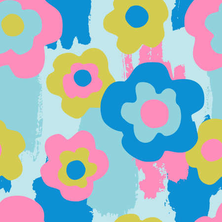 Abstract florals and textures seamless pattern. Hand drawn flowers on grunge background. Big blooming daisy flowers design. Decorative art illustration for wrapping, textile, fabric, wallpaper etcのイラスト素材