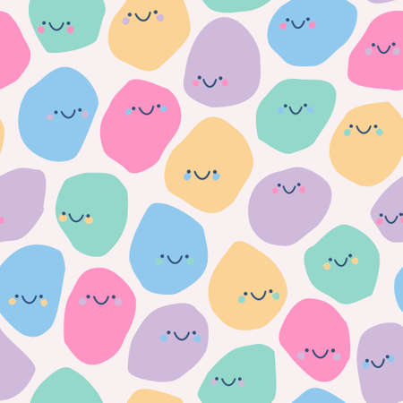 Bold childish seamless pattern with smile emoji. Cute colorful characters background in cartoon style. Flat design. Funny geometric shapes with smiling faces illustration. Retro vintage color paletteのイラスト素材