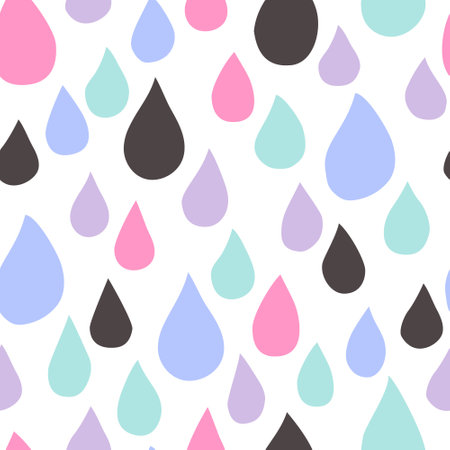 Bold rain drops seamless pattern. Cute raindrops background in cartoon style, flat design. Funny hand drawn droplets illustration. Neutral pastel color paletteのイラスト素材