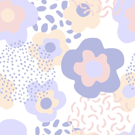 Abstract floral seamless pattern. Hand drawn flowers background. Big blooming daisy flowers design and minimal doodle elements. Decorative art illustration for wrapping, textile, fabric, wallpaper etcのイラスト素材