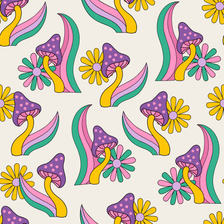 Psychedelic floral background in 70s 80s retro hippie style. Fun daisy camomile flowers, mushrooms, rainbows seamless pattern. Vector art illustration for contemporary design, groovy floral fabricのイラスト素材
