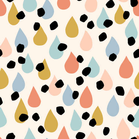Rain drops, dots irregular seamless pattern. Cute raindrops, polka dot background in retro style, flat design. Hand drawn droplets vector illustration for childish fabric, kids textile, wallpaper.のイラスト素材