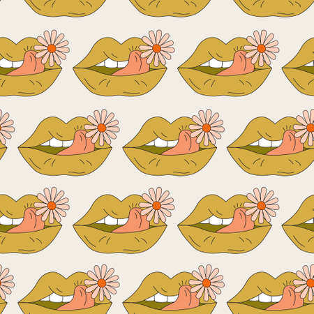 Psychedelic pattern lips with flowers in 70s 80s retro hippie style. Funky open mouth with teeth,...