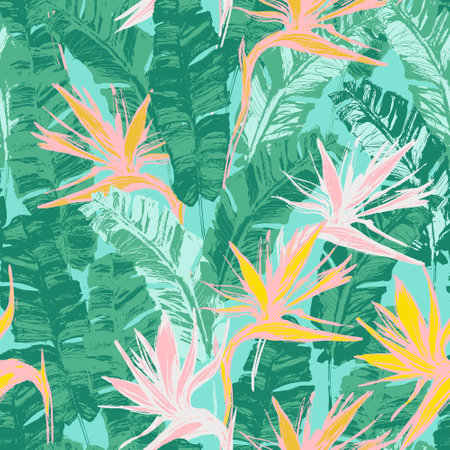 Bright grunge tropical flowers and leaves background. Hand drawn exotic seamless pattern. Bird of paradise flower wallpaper. Vector botanical illustration for summer design, swimwear fabric, textileのイラスト素材