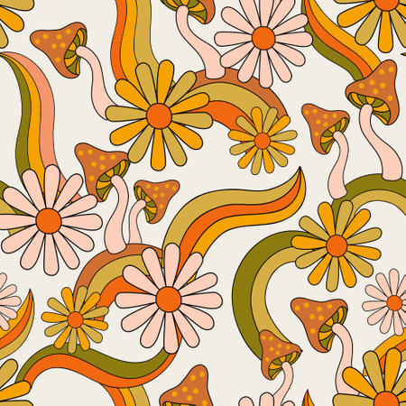 Psychedelic floral background in 70s 80s retro hippie style. Fun daisy camomile flowers, mushrooms, rainbows seamless pattern. Vector art illustration for contemporary design, groovy floral fabricのイラスト素材