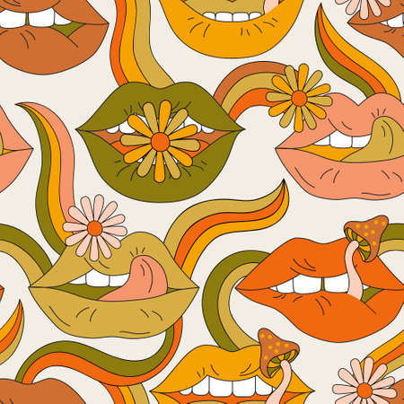 Psychedelic background lips, flowers, mushrooms in 70s 80s retro hippie style. Fun open mouth, sensual lips, rainbow seamless pattern. Vector illustration for contemporary design, groovy floral fabricのイラスト素材