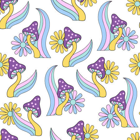 Psychedelic floral background in 70s 80s retro hippie style. Fun daisy chamomile flowers, mushrooms, rainbows seamless pattern. Vector art illustration for contemporary design, groovy floral fabricのイラスト素材