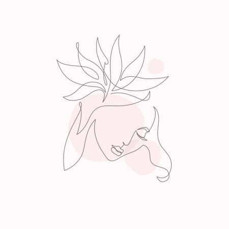 Elegant one line drawing of abstract woman face with tropical flower, circle. Female portrait continuous line art in minimal style. Vector illustration for cosmetics, beauty salon  fashion printのイラスト素材