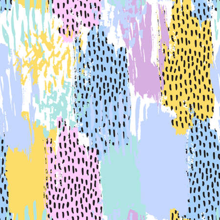Hand drawn brush strokes doodles seamless pattern. Abstract paint stroke, dots, spots, stains, smears with minimal texture background. Minimal wallpaper design, fabric, textile print. Vector artのイラスト素材