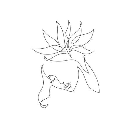 Elegant one line drawing of abstract woman face with tropical flower. Female portrait continuous line art in minimalist style. Vector illustration for cosmetics, beauty salon   fashion print, spaのイラスト素材