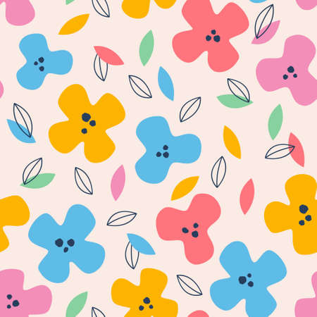 Cute flowers abstract seamless pattern. Childish floral background. Funny flowers and colorful leaves repeat. Vector illustration for fun textile, fabric, wallpaper, repeating designのイラスト素材