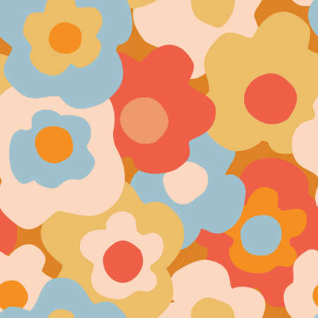 Abstract floral seamless pattern. Hand drawn flowers background in retro colors. Big blooming daisy flowers design. Decorative art illustration for wrapping, textile, fabric, wallpaper etcのイラスト素材