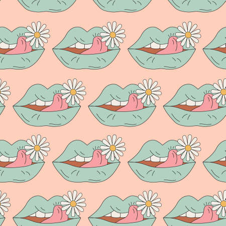 Psychedelic pattern lips with flowers in 70s 80s retro hippie style. Funky open mouth with teeth, sensual lips, positive emotions seamless pattern. Bold vector illustration for contemporary designのイラスト素材