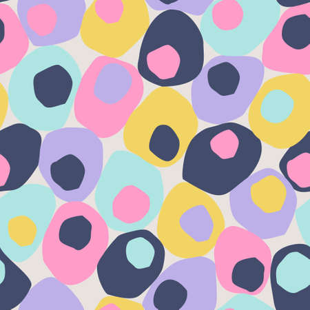 Bold geometric seamless pattern. Colorful dots, blobs, blots, circles cut out background. Abstract art illustration for cute wrapping paper, textile, fabric, wallpaper, repeating designのイラスト素材