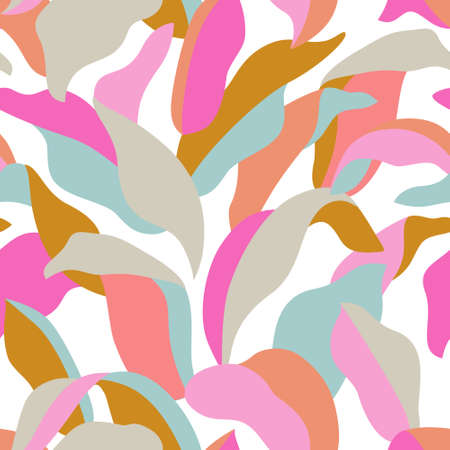 Elegant botanical leaves abstract seamless pattern. Tropical bush modern art. Organic shapes design for summer prints, cover, home deco wallpaper, social media post, story background. Vector artのイラスト素材