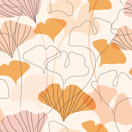 Autumn gingko leaves silhouettes and continuous line art wallpaper. Botanical background design with elegant striped textured leaves, floral outline. Vector seamless pattern for wall decoration, printのイラスト素材