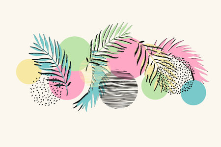 Abstract geometric pattern: grunge palm leaves, hand drawn doodle scribble circles, minimal texture. Minimalistic geo background. Vector art design for summer prints, cover, deco wallpaperのイラスト素材
