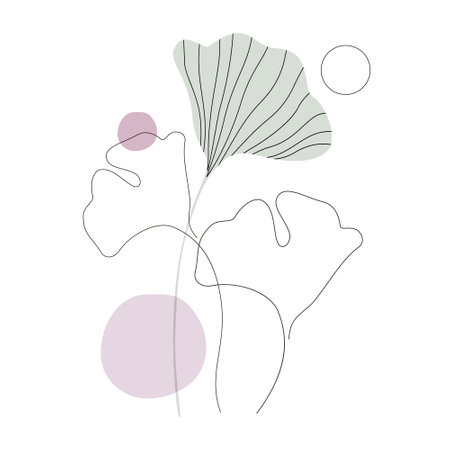 Autumn gingko leaves silhouettes and continuous line art background. Botanical design with elegant striped textured leaves, floral outline in minimal style. Vector art for wall decoration, printのイラスト素材